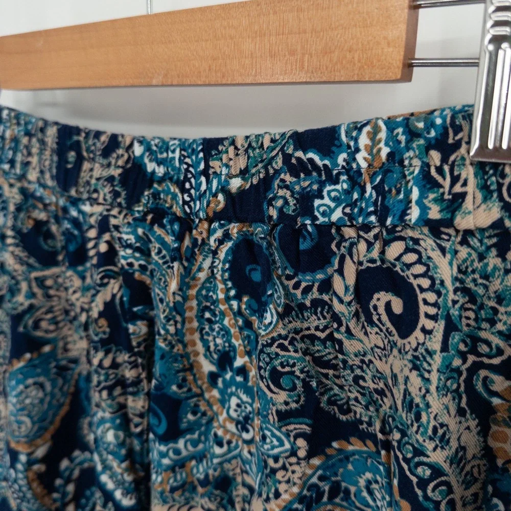 Boho Paisley Midi Skirt Womens L Blue Hippie Festival Flowy Summer‎ Retro 70s